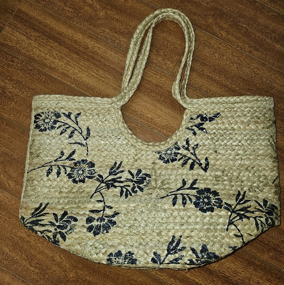 NEW Floral Woven Tote Bag - Natural, Blue And Gold Made In India - Picture 7 of 8